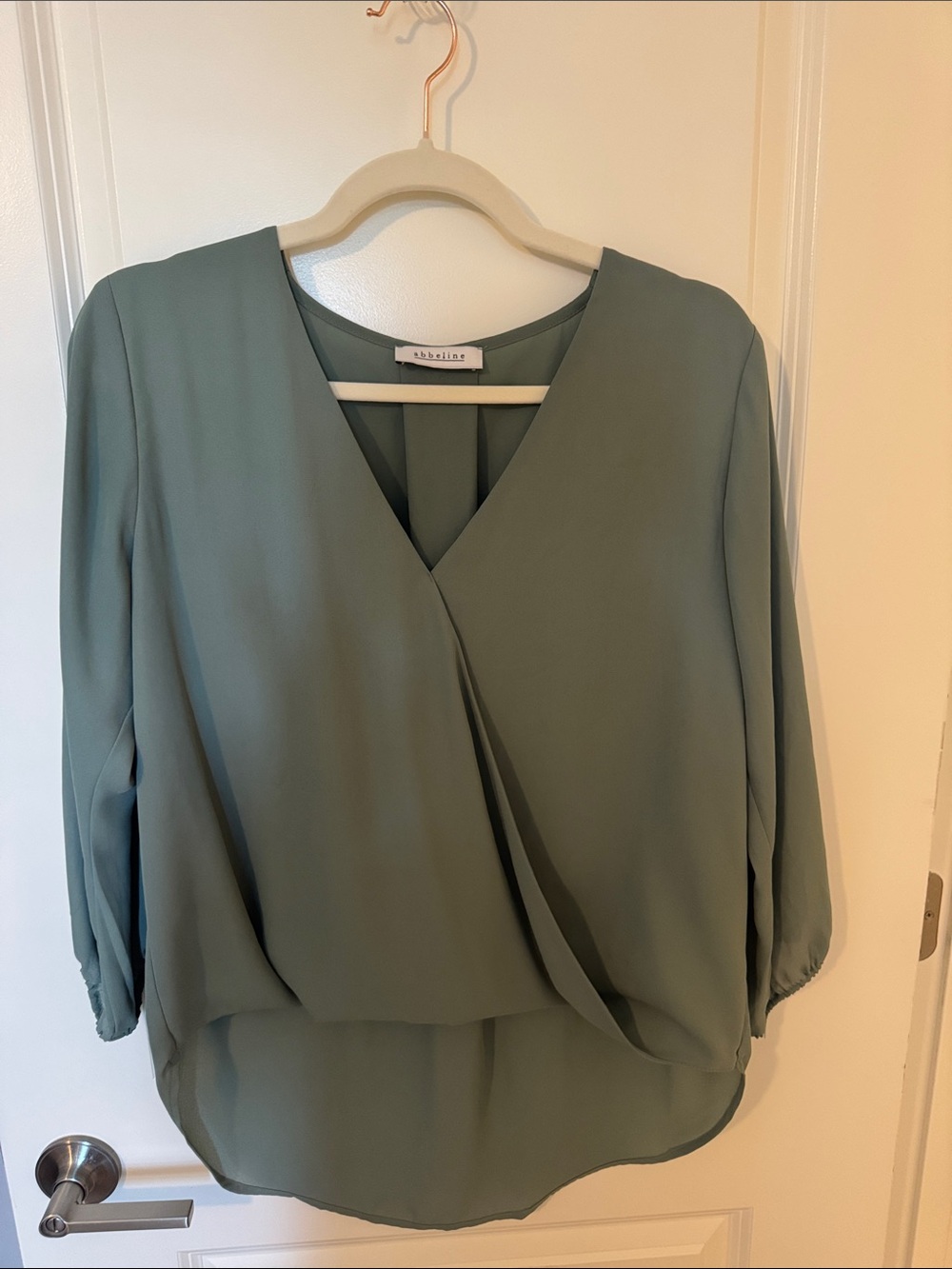 Abbeline Soft Sage Green Faux-Wrap Blouse